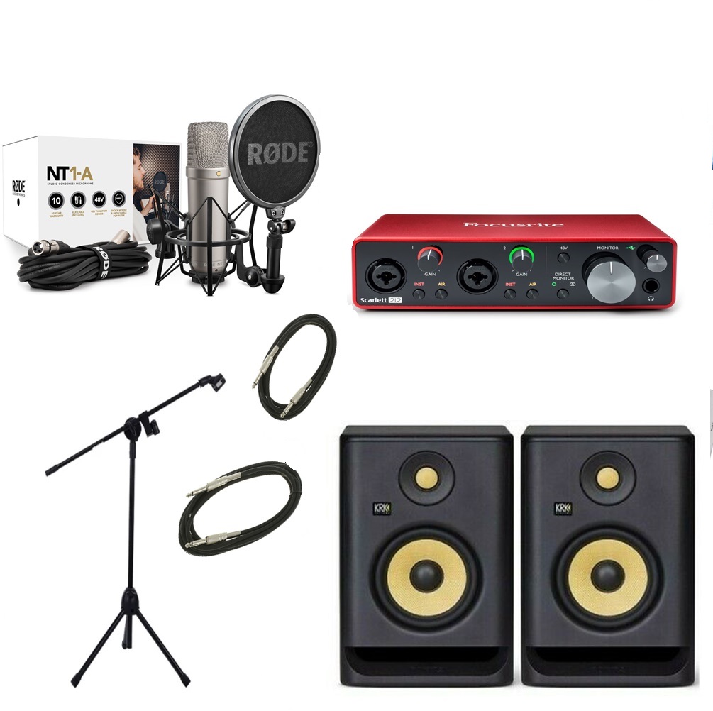 Rode NT1-A, Focusrite 2i2, KRK Rokit RP5 G4, stand & 2 cables – Audiomisr™