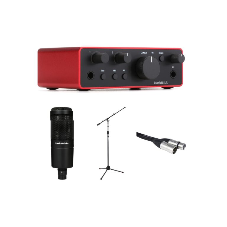 Focusrite Scarlett Solo 4th Gen USB Audio Interface & Audio-Technica AT2020 Condenser Microphone & Stand & XLR Cable