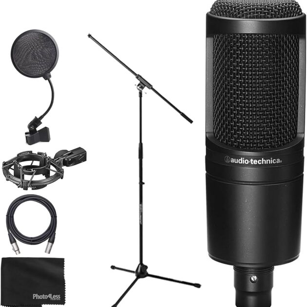 Audio-Technica AT2020 Condenser Microphone & Pop Filter &  Stand &  Shock Mount & Cable